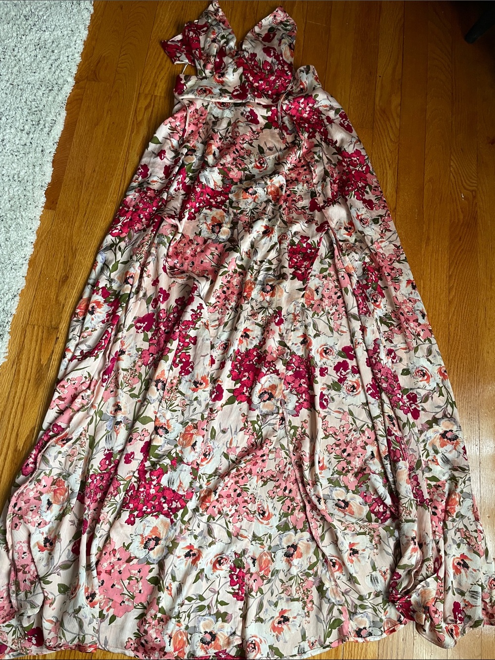 Luxxel beach Maxi Dress with Pink & Fuchsia Floral Print, two slits and bra top